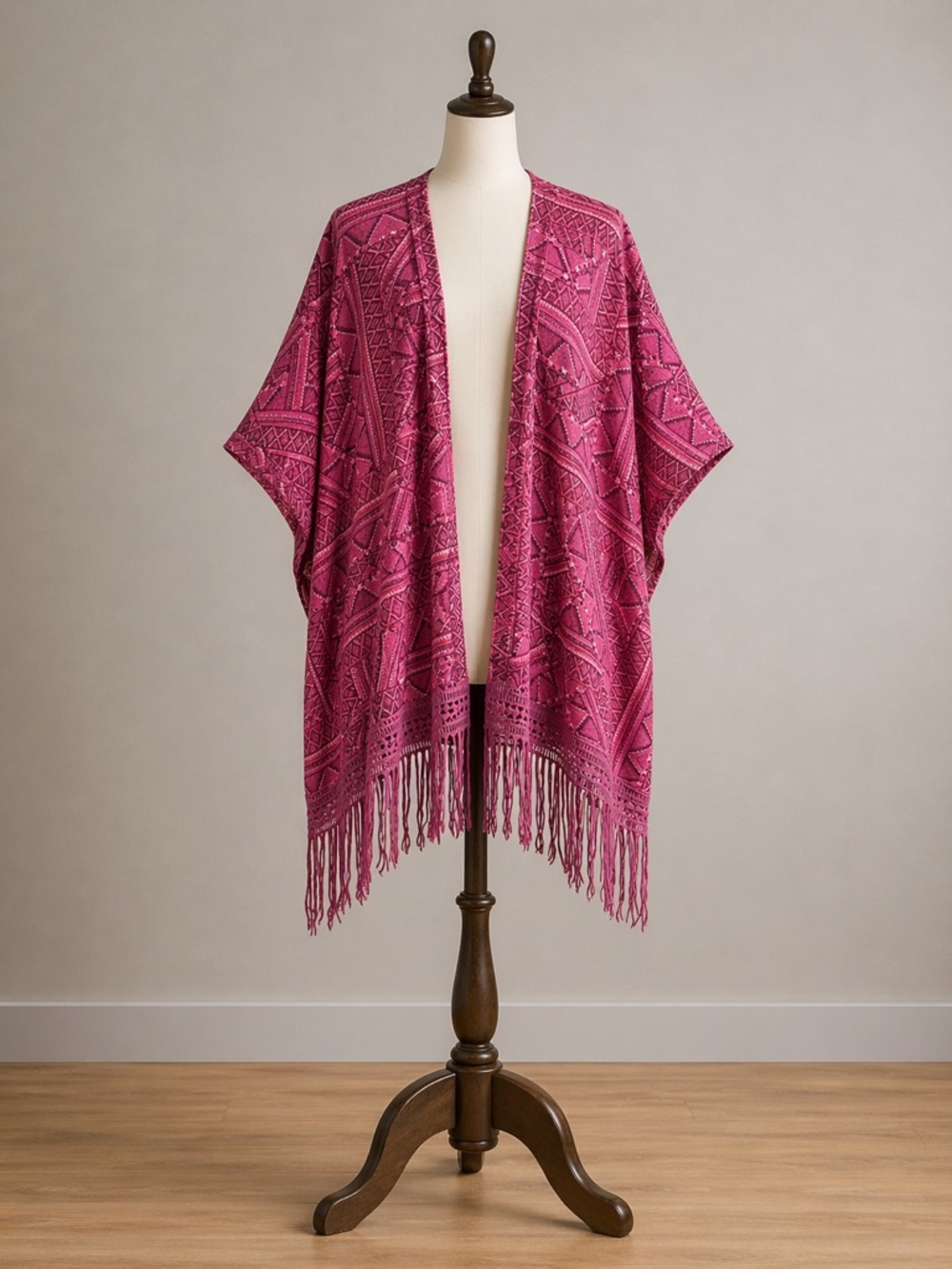 Bit & Bridle Pink Tribal Print Kimono Fringe Hem Open Front Boho Resort OS
